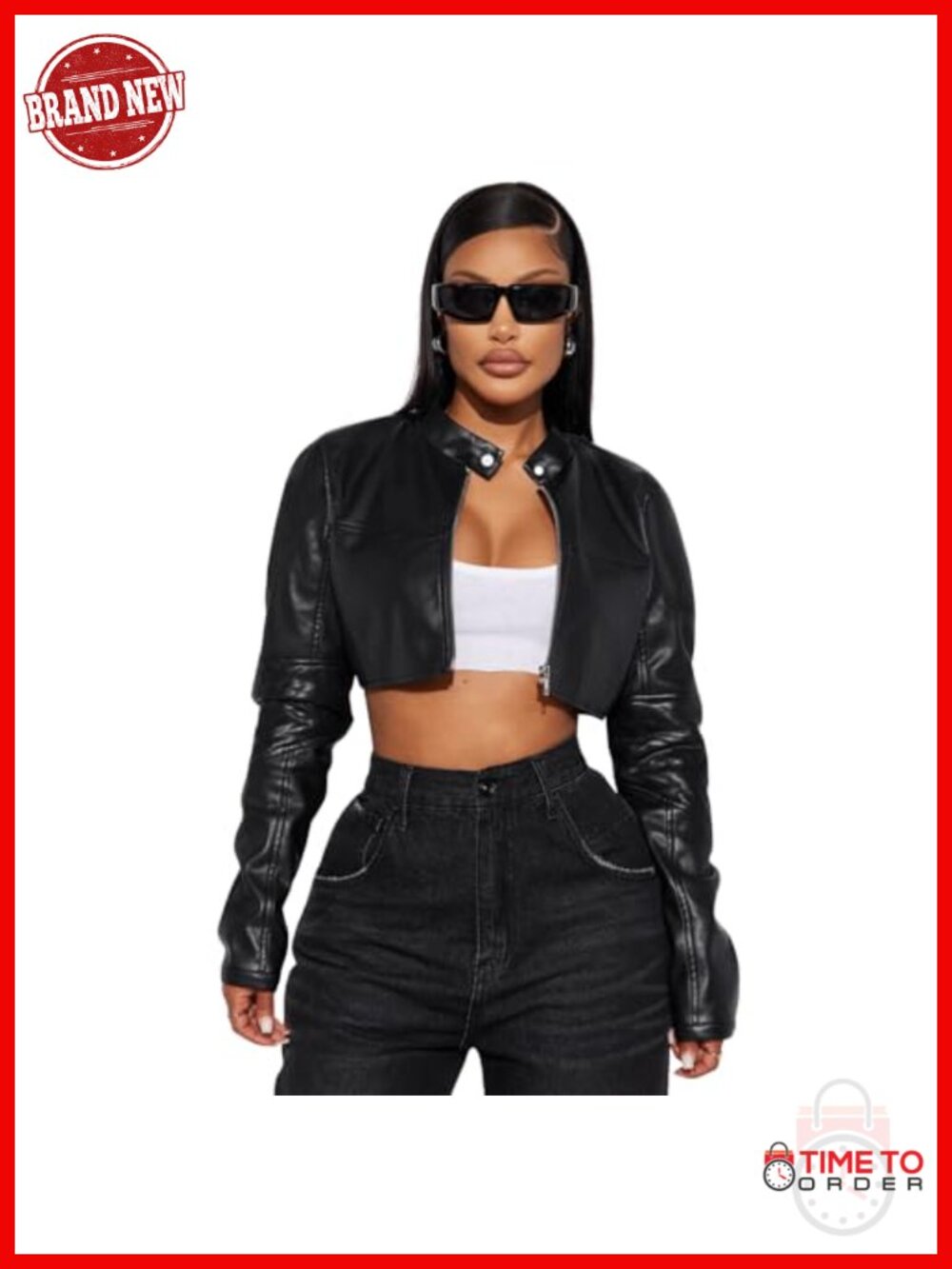 Faux Leather Cropped Bomber Motorcycle Jacket with Zipper Pockets